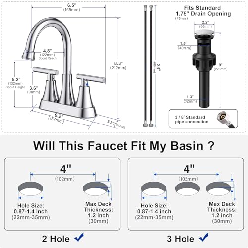 Bathroom Faucet, Hurran 4 inch Centerset 2-Handle Lead-Free, Chrome | Bathroom Sink Faucet with Pop-up Drain and Supply Lines, Stainless Steel Faucet for Vanity RV Restroom Laundry Outdoor Sink - color: Chrome