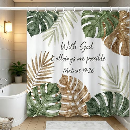Bible Verse Shower Curtain, Christian Scripture Inspirational Quotes, Tropical Green Plant Shower Curtain,72x72 Inch Waterproof Polyester Insulated,with 12 Hooks - color: Multicolor Bb