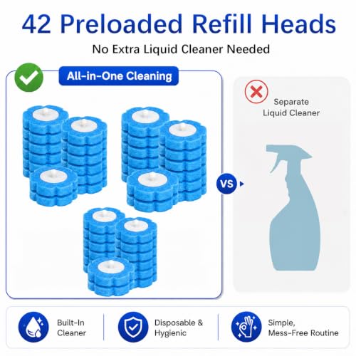 Disposable Toilet Brush with 42 Blue Refills, Toilet Bowl Cleaner Brush with Holder, Wall Mounted Toilet Wand Kit, Deep Cleaning Disposable Scrub Brush Heads