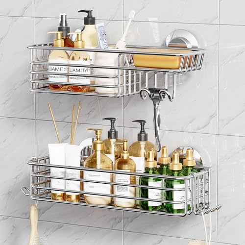 TAILI Shower Caddy Suction Cup 2 Pack with Hooks and Soap Holder, Silver | Heavy Duty Shower Organizer, No Drilling Bathroom Suction Shelves, Wall Shower Caddy - color: Silver, size: 2 x Medium