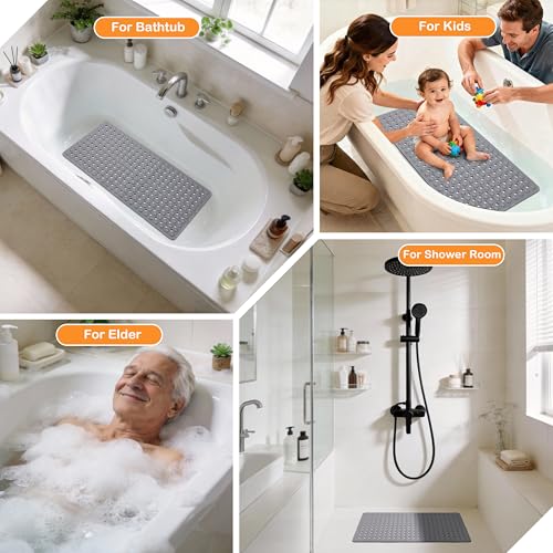 Yimobra Bathtub Mat Non Slip, 27.5"X15.5" Machine Washable Shower Floor Mat, Soft on Feet, Bathmat with Drain Holes and Suction Cups, Bathroom Essentials, Grey - color: Grey, size: 27.5 X 15.5 Inch