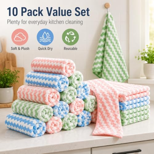 10 Pack Mircofiber Dish Cloths, Upgrade Kitchen Dish Rags, Reusable Cleaning Cloths, Kitchen Washcloths Towels, Lint Free/Absorbent/Nonstick Oil Kitchen Rags, 10''x10'' (Pink) - color: Pink, size: NEW 10 x 10 Inch - 10PCS