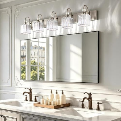 Ralbay Brushed Nickel Bathroom Vanity Light Crystal Modern 5 Light Bathroom Wall Lighting Fixtures Over Mirror - color: Square-Brushed Nickel, size: 5-light
