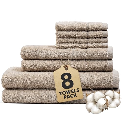 Bath Towels Set of 8 – 100% Ring Spun Cotton (Beige) Bathroom Towel Set Bale Includes 2 Bath, 2 Hand, 4 Face Towels – 550 GSM Soft, Absorbent & Quick Dry Towel for Bathroom, Spa, Kitchen, Hotel Use - color: Beige, size: Towel Sets