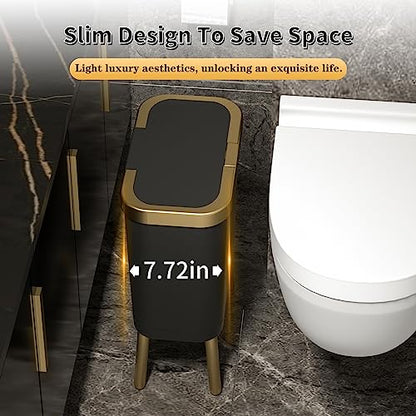 Procade Office Trash Can with Lid, Black Bathroom Trash Can with Gold Edge, Modern Narrow Garbage Can with Legs, Slim Plastic Trash Bin for Bedroom, Living Room,Kitchen,Toilet, 4 Gallon - color: Black