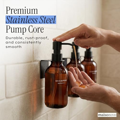 Shampoo and Conditioner Dispenser Wall Mounted Set of 3 Amber Black - No Drill Shower Soap Dispenser for Bathroom Refillable - Spa Hotel Style Accessories by MaisoNovo | No Drill Wall Mount - Shower Soap Dispenser · Holds Body Wash or Hand Soap · Wall Soa