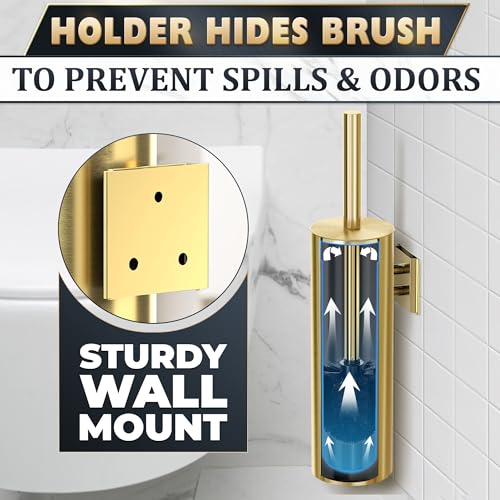 2Pcs Stainless Steel Toilet Brush and Holder Set, Hand Guard (Gold) | Toilet Bowl Brush and Holder, Removable Inner Bowl, Dense Bristles, Long Handle, Scratch Resistant, for Modern Bathrooms - color: Gold Wall-mounted