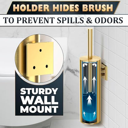 2Pcs Stainless Steel Toilet Brush and Holder Set, Hand Guard (Gold) | Toilet Bowl Brush and Holder, Removable Inner Bowl, Dense Bristles, Long Handle, Scratch Resistant, for Modern Bathrooms - color: Gold Wall-mounted