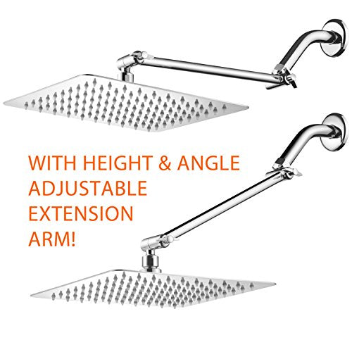 HotelSpa Giant 10" Stainless Steel Rainfall Square Showerhead with Solid Brass Adjustable Extension Arm - color: Chrome