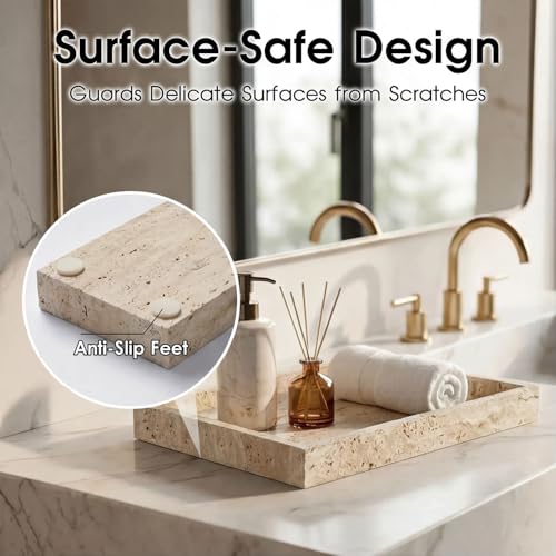 Natural Travertine Tray Heavyweight Stone Vanity Tray for Bathroom Countertop, Coffee Table & Dresser - Handcrafted Rectangular Organizer (Beige X, 12" x 8" x 1.2") - color: Beige X