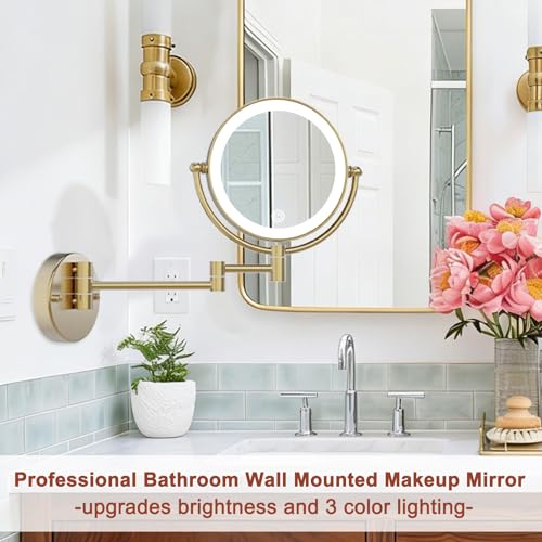 Wall Mounted Lighted Makeup Mirror with Magnification Rechargeable | 1X/10X Bathroom 2 Sided Vanity, 360 Rotation Retractable Swing Arm, Upgraded 3 Color LED & Brighter, Brushed Moderne Brass - color: Brushed Moderne Brass