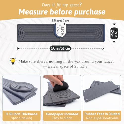 20 Inch Small Faucet Mat for Kitchen Island Sink, Instant Dry Sink Protector for Countertop, Stone Sink Caddy Diatomaceous Earth Stone Drying Tray Around Faucet for Kitchen Bathroom RVs, Dark Grey - size: 20" x 3.9"