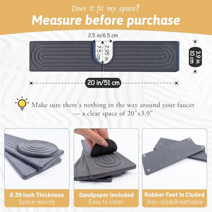 20 Inch Small Faucet Mat for Kitchen Island Sink, Instant Dry Sink Protector for Countertop, Stone Sink Caddy Diatomaceous Earth Stone Drying Tray Around Faucet for Kitchen Bathroom RVs, Dark Grey - size: 20" x 3.9"