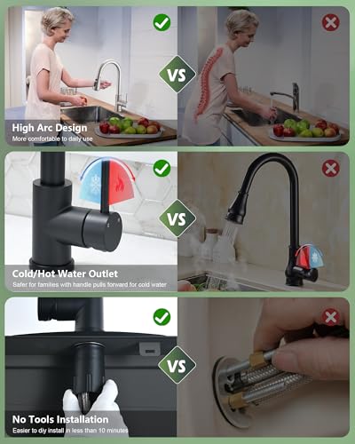 VFAUOSIT Kitchen Faucet with Pull Down Sprayer, Brushed Nickel High Arc | Cold-Start Safety, 3 Spray Modes, 360° Swivel, cUPC/CEC Certified, Fingerprint-Resistant Finish, Ceramic Disc Valve - color: Matte Black-02