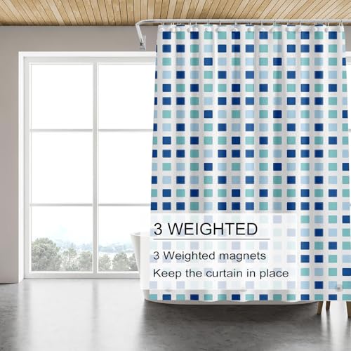 TIKABC Shower Curtain Liner, 4G PEVA Shower Liner, Plastic Waterproof Shower Curtains, 72x72 inch with Grommet Holes 3 Magnetic Weights - color: Blue Green Blocks