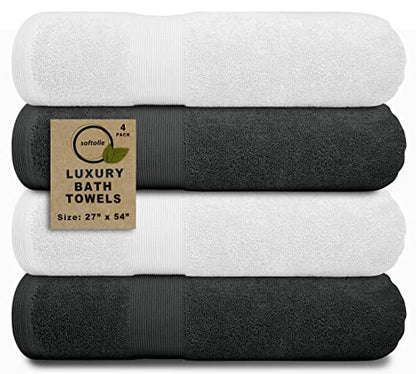 Luxury Bath Towels Set of 4 (27” x 54”) | Towels for Bathroom | Super Soft | Highly Absorbent Towels for Home, Spa, Gym (Grey-White) - color: Grey/White