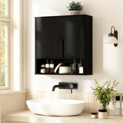 RUSTOWN Wall Mounted Bathroom Cabinets with Rounded Edges & Curved Handles | Adjustable Shelf, 3-Tier Over The Toilet Storage Cabinets, Modern Medicine Cabinet for Laundry Kitchen Living Room - color: Rustic Black