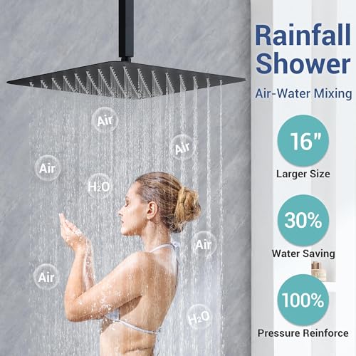 Thermostatic Shower System with 6 Body Jets & 16-Inch Ceiling Rainfall Shower Head Bathroom Luxury Matte Black Shower Faucet Set with High Pressure Handheld Sprayer, with Valve and Trim - color: Matte Black