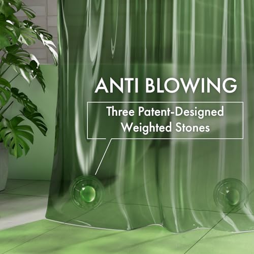 AmazerBath No Hook Shower Curtain Liner, 100% EVA Heavy Duty Hookless Shower Curtain and Liner 3-in-1, 72x75 Luxury Soft Shower Liner with 3 Heavyweight Stones, Clear Green - color: Rainbow Emerald, size: 72"W x 75"L (Pack of 1)