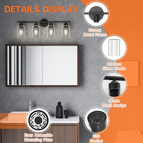 4 Light Bathroom Vanity Light Fixtures Black,Rustic Farmhouse Vanity Lighting Over Mirror Modern Industrial Lamp with Cylinder Glass Shade UL Certified - color: Matte Black, size: 4 Lights