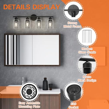 4 Light Bathroom Vanity Light Fixtures Black,Rustic Farmhouse Vanity Lighting Over Mirror Modern Industrial Lamp with Cylinder Glass Shade UL Certified - color: Matte Black, size: 4 Lights