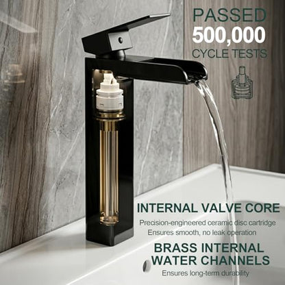 Black Tall Waterfall Bathroom Faucet, Single Hanlde Vessel Sink Faucet with Waterfall Spout, Bathroom Faucets for 1 Hole, RV Lavatory Vanity Mixer Bar Tap with Pop Up Drain and Hoses KMBF015B | Bathroom Faucets for RV Lavatory Vanity Mixer Bar Tap with Po
