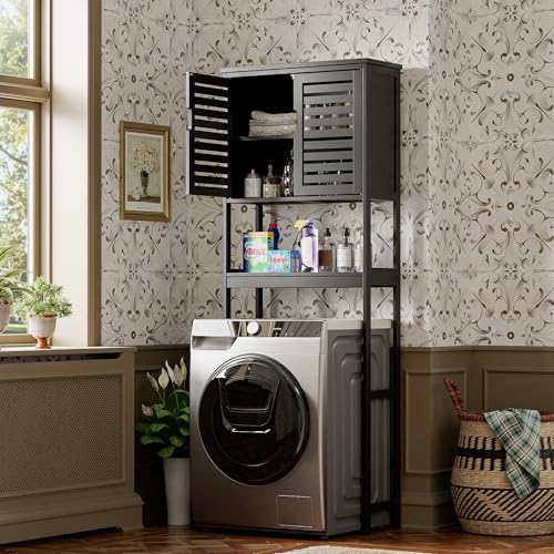 SMIBUY Bathroom Over The Toilet Storage Cabinet, 2 Door Bamboo Cabinet Organizer, Freestanding Space Saver Toilet Rack with Adjustable Inside Shelf and Open Shelf (Black) - color: Black