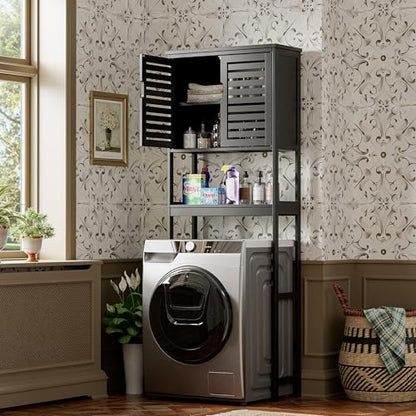 SMIBUY Bathroom Over The Toilet Storage Cabinet, 2 Door Bamboo Cabinet Organizer, Freestanding Space Saver Toilet Rack with Adjustable Inside Shelf and Open Shelf (Black) - color: Black