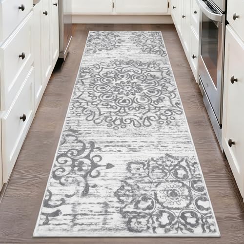 HEBE Hallway Runner Rug 2'x6', Washable Non Slip Kitchen Rug Runner | Soft Boho Bedroom Runner Rug, Vintage Distressed Low-Pile Floor Carpet Runners for Hallway, Entrance, Bathroom, Laundry - color: Grey, size: 2' x 6' (Rectangular)