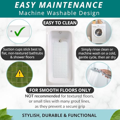 ENKOSI Non-Slip Bath & Shower Mat 40x16 Extra Long, Suction & Drain Holes | White color; Durable PVC; 40x16 in, White - color: White