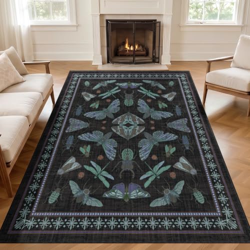 Arenarug Area Rug 5x7 Non Slip Washable Rug Insect Boho Soft Distressed Vintage Lightweight Low Pile Carpet for Living Room, Bedroom, Dining Room, Kitchen, Office, Navy Blue Black - color: Navy Blue, size: 5'x7'