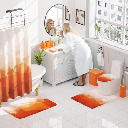 XLHOMO Bathroom Accessory Set - 26PC Bathroom Shower Curtain and Rug Set, Bathroom Accessories Set, Orange Bathroom Set with Trash Can, Toilet Brush, Qtip Holder & Soap Dispenser - style: Orange