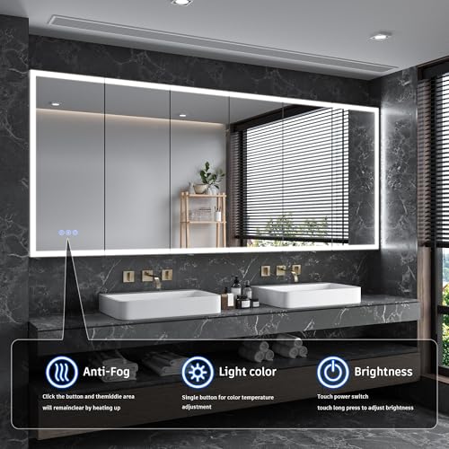 96x40" Extra-Wide Smart LED Medicine Cabinet, Outlets, Anti-Fog, Bathroom | Surface-Mount/Recessed, Double-Sided Mirror Cabinet, 3-Color Dim, 10 Bright Levels, DTC Soft-Close, Adjustable Shelfs - size: 96"Wx40"H