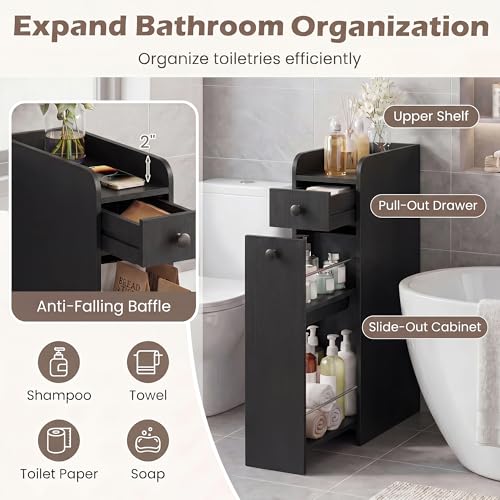 COSTWAY Slim Bathroom Cabinet, Freestanding Narrow Organizer, Black | 7" Wide Space-Saving Storage with 2-Tier Slide-Out Drawer, Shelf & Toilet Paper Holder, for Bathroom, Laundry & Small Spaces - color: Black