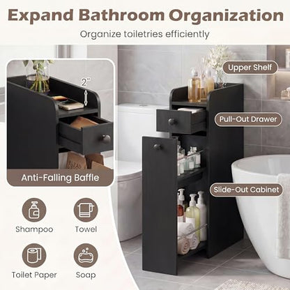 COSTWAY Slim Bathroom Cabinet, Freestanding Narrow Organizer, Black | 7" Wide Space-Saving Storage with 2-Tier Slide-Out Drawer, Shelf & Toilet Paper Holder, for Bathroom, Laundry & Small Spaces - color: Black