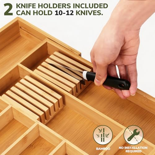 BAMEOS Bamboo Drawer Organizer Expandable Kitchen Silverware Organizer with 7-9 Deep Compartments, Bamboo Reinforced Cutlery Tray, Adjustable Utensil Holder for Kitchen(16.1"-22.4" Wide, Natural) - size: 2''H 22X16 with Knife Block