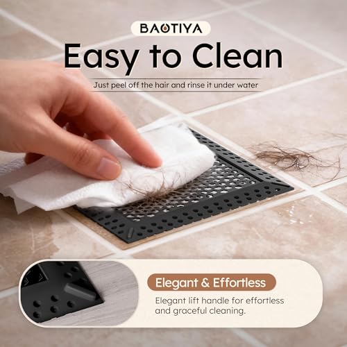 Square Shower Drain Hair Catcher, Drain Cover, Not Moving, 6 inch | 304 Stainless Steel and TPE Material/ Efficient Drainage / Easy Clean / Anti-Clogging / Fits Bathroom Hair Catcher for Shower - color: Matte Black, size: 6 inch
