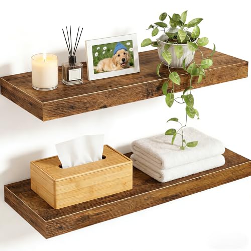 Solid Wood Floating Shelves Set of 2 - Waterproof Scratch Resistant Wall Mounted Shelves, Country Style Brown (15.75 in W × 9.25 in D × 1.57 in H) for Bedroom Bathroom Kitchen Living Room - color: Country Style Brown, size: 15.75'W *9.25"D*1.57"H ,Set of