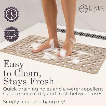 Non Slip Shower Mat for Bathtub, Beige TPE Bath Mat with Strong Suction Cups, Quick-Dry Drain Holes, Soft Textured Surface, Spa-Inspired, 30x17 Inch