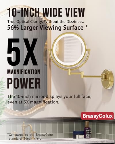 10" Double-sided Wall Mounted Makeup Mirror with Light and Magnification 5X | 3 Color LED Touch Dimmable Memory Function, Bathroom Vanity Extendable Swing Arm Gold, Direct Wire, Brushed Moderne Brass - color: Brushed Moderne Brass