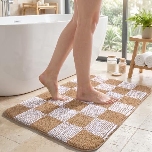 LOCHAS Bathroom Rugs 36×24, Checkered Bath Mat Non Slip, Brown | Rubber Backing Absorbent Machine Washable, Microfiber Carpet for Kitchen Bedroom Entryway - color: Light Brown, size: 36" x 24"