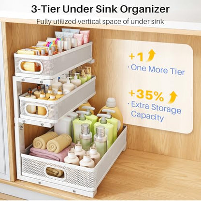 Under Sink Organizer, 3-Tier Thickened Metal Pull out Cabinet Organizer Shelf, Height Adjustable Slide out Storage Drawer Rack for Kitchen Bathroom Pantry Laundry Home Organization, 1-Pack, White | 35% Extra Storage Capacity, Carbon Steel, Hold Up 55lbs,