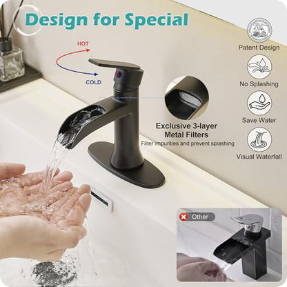 Matte Black Waterfall Bathroom Faucets, 1 Hole or 3 Hole (4 Inch) Bathroom Sink Faucet with Drain, Deck Plate, 1 Handle for Vanity, Restroom, RV, Modern, Brass Material - color: Matte Black