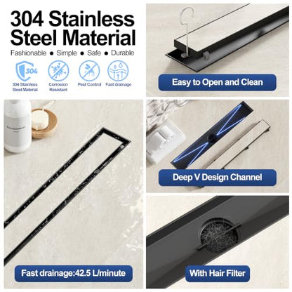 Neodrain 18-Inch Linear Shower Drain-Matte Black,with Tile Insert Grate | 304 Stainless Steel, Fast Drainage, Rectangle Shower Floor Drain with Leveling Feet & Hair Strainer, Fits Bathroom, Balcony - color: Matte Black, size: 18 IN