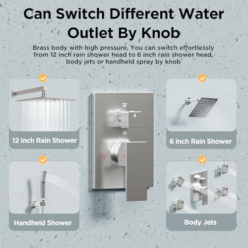 Shower Systems with 4 Body Spray Jets, STARBATH 4 Way 12+6" Rainfall Shower Head with Handheld Combo, Wall Mounted Shower Jets System in Wall Shower Faucet Sets Complete, Brushed Nickel - color: Brushed Nickel, size: 6"+12"-02