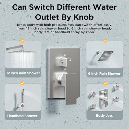 Shower Systems with 4 Body Spray Jets, STARBATH 4 Way 12+6" Rainfall Shower Head with Handheld Combo, Wall Mounted Shower Jets System in Wall Shower Faucet Sets Complete, Brushed Nickel - color: Brushed Nickel, size: 6"+12"-02