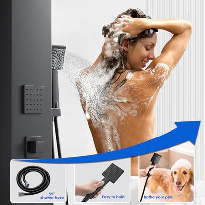 ROVOGO Shower Panel Tower System Matte Black, 4 Shower Modes, No Led Lights | High Pressure Shower Head, Body Jets, Handheld and Tub Spout, Shower Column Stainless Steel with Mixing Valve, 46.5"H x 7.8"W - style: Black- Without Led Lights