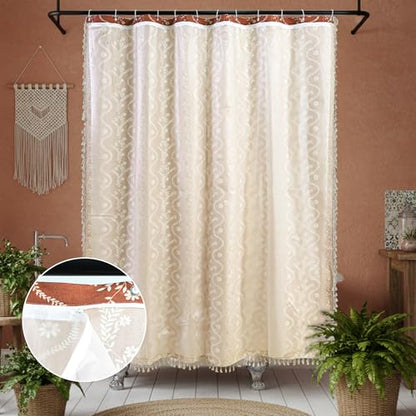 Vine with Terracotta Color Linen Shower Curtain Set and Liner,72x72 | Double Layer Shower Curtain Waterproof Fabric with Zippered Removable PEVA Liner,Boho Shower Curtain for Bathroom,Free Hooks - color: Brown Floral