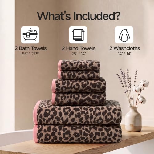 REDKISS Leopard Print Towel Set of 6,100% Cotton Bathroom Towels,Quick Dry & Absorbent,2 Bath Towel, 2 Hand Towel, 2 Washcloth-Dark Brown - color: Dark Brown