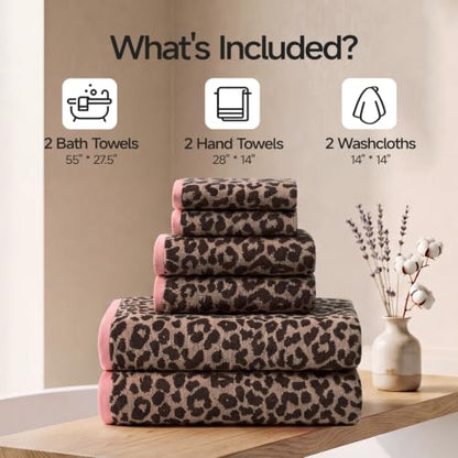 REDKISS Leopard Print Towel Set of 6,100% Cotton Bathroom Towels,Quick Dry & Absorbent,2 Bath Towel, 2 Hand Towel, 2 Washcloth-Dark Brown - color: Dark Brown